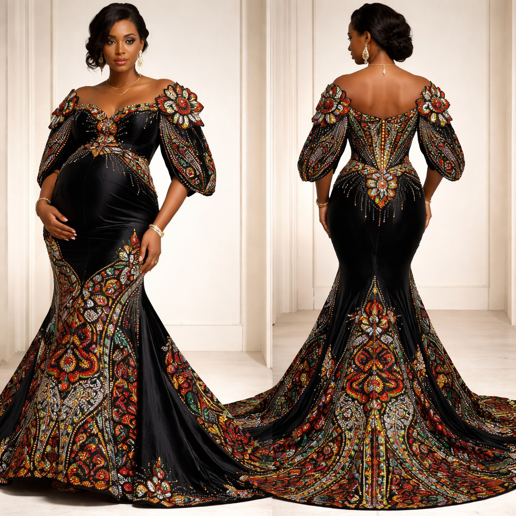 Design a beautiful pregnancy belly bump gown it should have Cameroonian cultural patterns with a beautiful raindrop shoulders with a big flower add beading were necessary
Design a beautiful pregnancy belly bump gown it should have Cameroonian cultural patterns with a beautiful raindrop shoulders with a big flower add beading were necessary , elegant style, show front and back