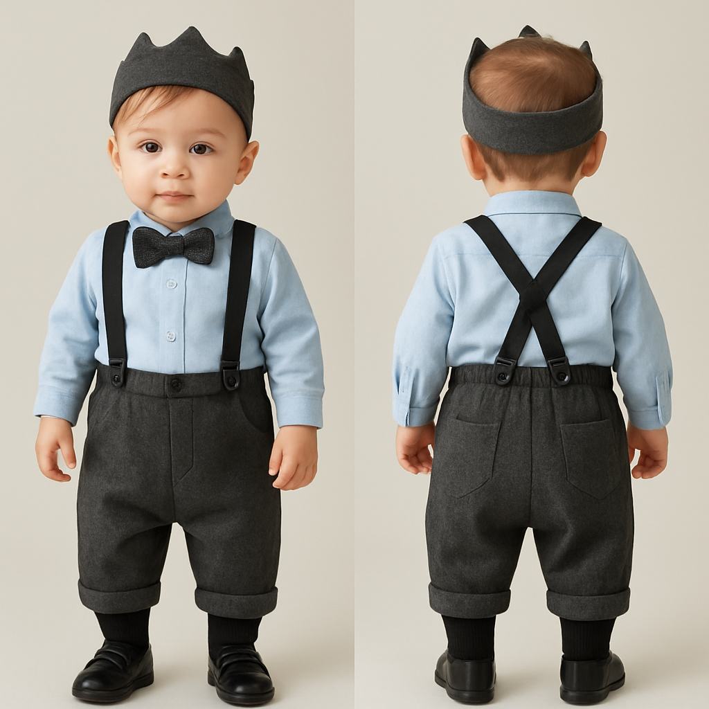 一歳の男の子着用画
薄い水色のワイシャツ、濃いグレーの蝶ネクタイ
濃いグレーの7分丈ズボン(丸みあり)、前面に2つポケット付き
黒のサスペンダー
黒い靴下にローファー
頭には濃いグレーの王冠風ヘアバンド
一歳の男の子着用画
薄い水色のワイシャツ、濃いグレーの蝶ネクタイ
濃いグレーの7分丈ズボン(丸みあり)、前面に2つポケット付き
黒のサスペンダー
黒い靴下にローファー
頭には濃いグレーの王冠風ヘアバンド
, show front and back