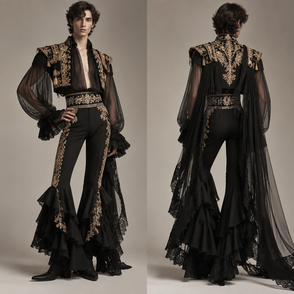 Men’s couture inspired by a traditional dress from Spain and make it Vogue inspired
photorealistic fashion design, Men’s couture inspired by a traditional dress from Spain and make it Vogue inspired, gender_fluid style, just the design no text, show front and back