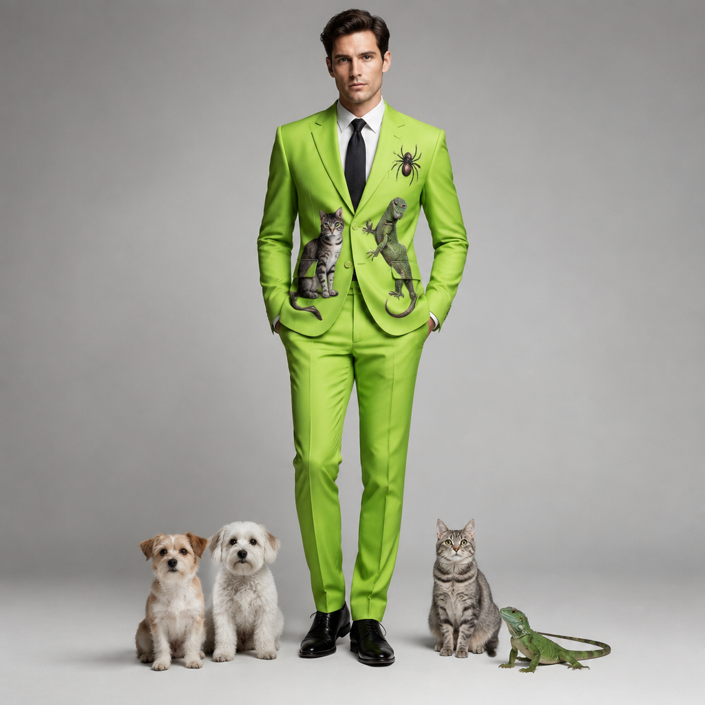 A Male Jacket design, in Business style. neon green suit with 2 small dogs a cat a lizard and a spider Present it as professional fashion catalogue photography: the garment is the subject, shown full-length with editorial styling, neutral posing and tasteful, non-suggestive framing.
photorealistic fashion design, A Male Jacket design, in Business style. neon green suit with 2 small dogs a cat a lizard and a spider Present it as professional fashion catalogue photography: the garment is the subject, shown full-length with editorial styling, neutral posing and tasteful, non-suggestive framing., business style, just the design no text