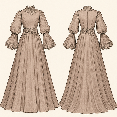 Create a detailed illustration of this flare gown , at the waist and neck I want floral shaped patterns and the sleeves should be puffy at the top and flare at the down with floral patterns at the flare of the hard 