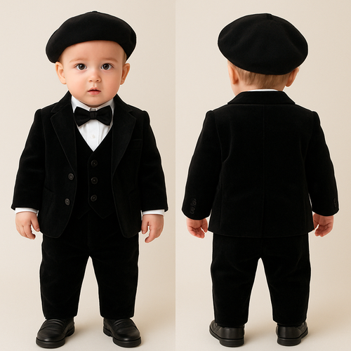 1歳の男の子着用
ベビータキシード上下
白のワイシャツに黒のベルベットの生地のベスト、ジャケット、蝶ネクタイ
黒のベレー帽
靴はローファー