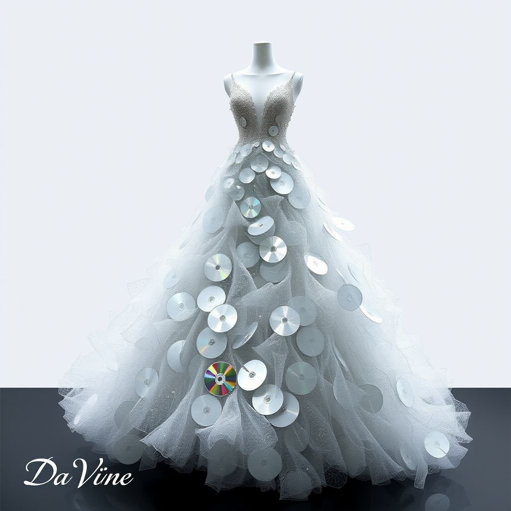 Create me a fashion, runway, fluffy, beautiful silver dress, made with CD’s. Put “Da’Vine” in the bottom left corner
Design a stunning, elegant runway dress that features a cascading silhouette made entirely of shimmering CD fragments. This fluffy silver gown should gracefully drape to the floor, catching light with every movement. Adorned with delicate beading and ethereal layers, finish the design with "Da’Vine" elegantly scripted in the bottom left corner.
