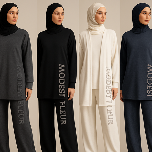 Create a revolutionary women’s modest loose gym wear brand called “Modest Fleur”. Display the brand name on the garments in a unique stone design on the side, exuding a classy and sophisticated vibe. I’d like four designs, each showcasing different styles and fabrics, with high-end, unique chic designs to make them truly special.
