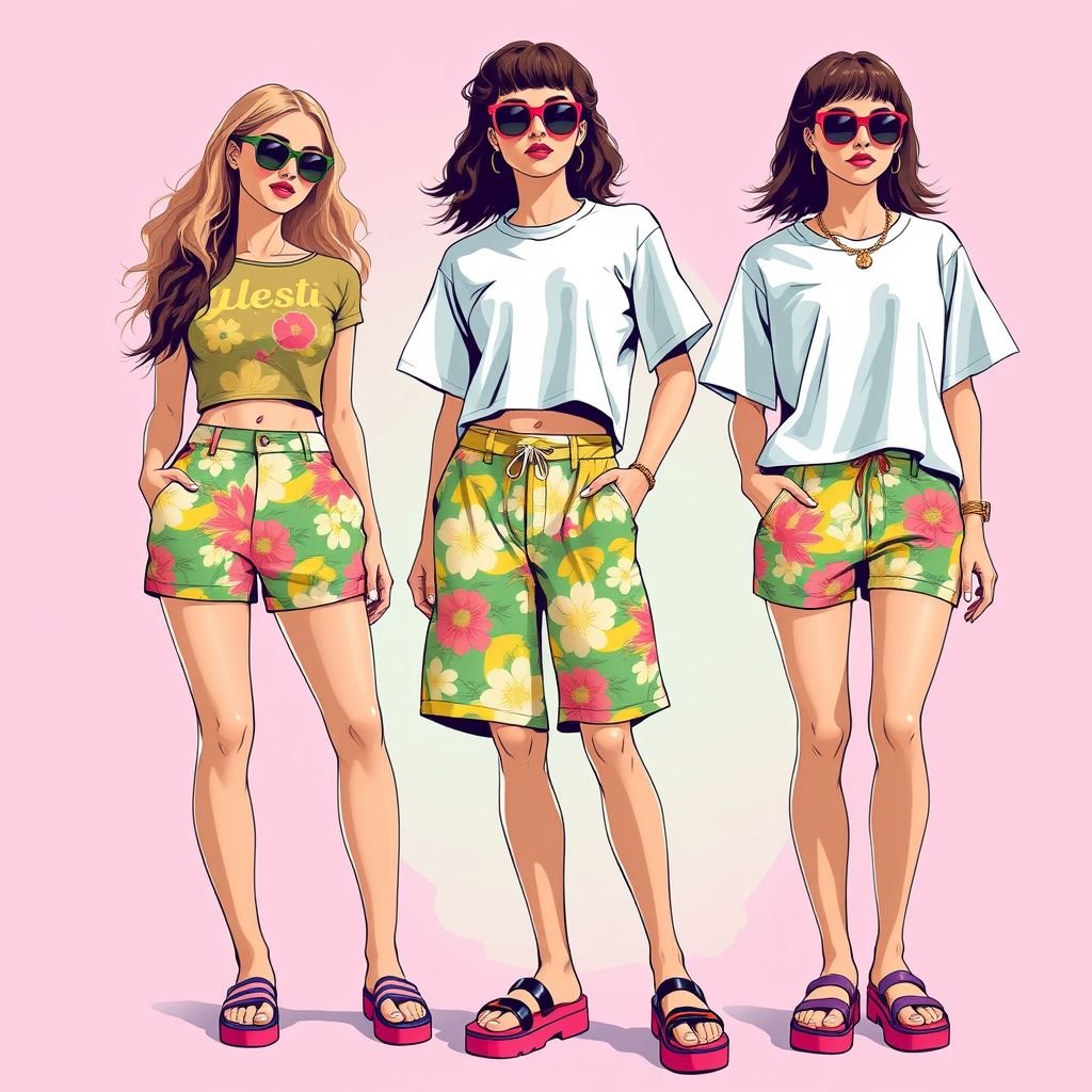 For summer
Design a vibrant, retro-inspired summer collection featuring high-waisted shorts in bold floral prints, paired with cropped, oversized graphic tees. Incorporate playful accessories like oversized sunglasses and chunky platform sandals. Use a color palette of pastel pinks, sunny yellows, and electric blues, evoking the carefree spirit of 1970s beach culture.