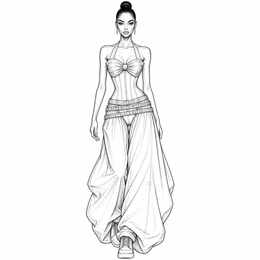 FASHION DESIGN NOTE
Female fashion croquis in a runway walking pose with an exaggerated hourglass silhouette, tiny waist, long legs, and a sleek high bun hairstyle.
TOP:
A fitted halter-neck corset top. Two thin straps rise from the outer bust and connect behind the neck. The bust is formed by a large symmetrical bow made from gathered fabric. The bow has a tight center knot with visible pleating radiating outward on both sides. The neckline creates a soft sweetheart shape. The bodice is skin-tight and heavily waist-cinching, ending just above the hips.
WAIST DETAIL:
Three separate crystal-studded belts wrap diagonally around the low hip area. The belts overlap each other, creating an asymmetrical layered sash effect. Each belt is fully covered in small rhinestone embellishments.
BOTTOM:
The base is a high-cut fitted bodysuit. Attached beneath the crystal hip belts are extremely oversized baggy trousers. The legs are very wide, dramatic, and voluminous, creating a baggy pant vibes. it starts from the waist
FOOTWEAR:
High-top lace-up sneakers with a rounded toe and slightly chunky sole. The sneakers are visible beneath the open-front trousers.
AESTHETIC:
Luxury streetwear, Y2K glamour, runway couture, feminine but edgy, rebellious baddie fashion, sporty-meets-glamorous styling. Clean fashion illustration, black line art, professional fashion sketch, white background, minimal shading, highly detailed garment construction.
IMPORTANT:
Keep the bow exactly centered on the bust, keep the three rhinestone belts overlapping diagonally on the hips, keep the trousers extremely baggy and floor-length, and keep the high-top sneakers visible. Maintain the exact proportions and silhouette of a professional fashion croquis.. Nigeria fashion aesthetics. Design with modest coverage.
photorealistic fashion design, FASHION DESIGN NOTE
Female fashion croquis in a runway walking pose with an exaggerated hourglass silhouette, tiny waist, long legs, and a sleek high bun hairstyle.
TOP:
A fitted halter-neck corset top. Two thin straps rise from the outer bust and connect behind the neck. The bust is formed by a large symmetrical bow made from gathered fabric. The bow has a tight center knot with visible pleating radiating outward on both sides. The neckline creates a soft sweetheart shape. The bodice is skin-tight and heavily waist-cinching, ending just above the hips.
WAIST DETAIL:
Three separate crystal-studded belts wrap diagonally around the low hip area. The belts overlap each other, creating an asymmetrical layered sash effect. Each belt is fully covered in small rhinestone embellishments.
BOTTOM:
The base is a high-cut fitted bodysuit. Attached beneath the crystal hip belts are extremely oversized baggy trousers. The legs are very wide, dramatic, and voluminous, creating a baggy pant vibes. it starts from the waist
FOOTWEAR:
High-top lace-up sneakers with a rounded toe and slightly chunky sole. The sneakers are visible beneath the open-front trousers.
AESTHETIC:
Luxury streetwear, Y2K glamour, runway couture, feminine but edgy, rebellious baddie fashion, sporty-meets-glamorous styling. Clean fashion illustration, black line art, professional fashion sketch, white background, minimal shading, highly detailed garment construction.
IMPORTANT:
Keep the bow exactly centered on the bust, keep the three rhinestone belts overlapping diagonally on the hips, keep the trousers extremely baggy and floor-length, and keep the high-top sneakers visible. Maintain the exact proportions and silhouette of a professional fashion croquis.. Nigeria fashion aesthetics. Design with modest coverage., just the design no text