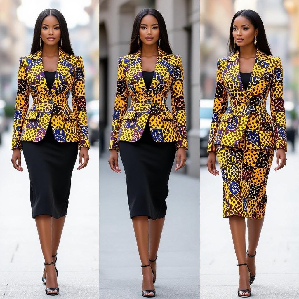 African Corporate office blazer dress with long straight skirt crepe fabric, not plain
Business fashion: African print blazer office dress, long straight skirt, crepe fabric, modest neckline, tailored fit, midi length.