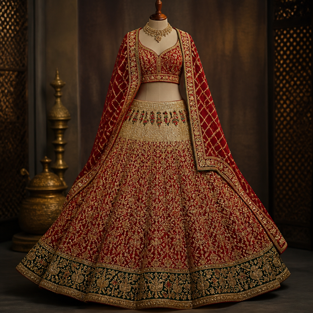 photorealistic fashion design, photorealistic fashion design, photorealistic fashion design, photorealistic fashion design, photorealistic fashion design, photorealistic fashion design, photorealistic fashion design, photorealistic fashion design, photorealistic fashion design, A Female fashion design, for Wedding, in Indian style. Dark shimmery golden tissue bridal lehenga with heavy flare and bottle green brocade border at the bottom and red raw silk long and broad paisley motifs placed above green border upto above knee. India fashion aesthetics., indian style, just the design no text. Refinement: Give Red gharchola Dupatta in gujrati style , just the design no text. Refinement: Keep the green border but make the entire area above green border in red colour uptil above knee, just the design no text. Refinement: In this outfit cover the area from hip to above knee in golden, just the design no text. Refinement: Make the golden area in this lehenga upto knee, just the design no text. Refinement: Fill the Golden area in this outfit with bride and groom varmala motifs embroidered in red green and golden colour in one horizontal line above red portion in this lehenga , just the design no text. Refinement: Make the varmala motifs half the size of this in this lehenga, just the design no text. Refinement: Make the width of green border at the bottom half of its size , just the design no text. Refinement: Thicken the green border to its double , just the design no text. Refinement: Cover the red portion of lehenga in entire jaal embroidery
photorealistic fashion design, photorealistic fashion design, photorealistic fashion design, photorealistic fashion design, photorealistic fashion design, photorealistic fashion design, photorealistic fashion design, photorealistic fashion design, photorealistic fashion design, photorealistic fashion design, A Female fashion design, for Wedding, in Indian style. Dark shimmery golden tissue bridal lehenga with heavy flare and bottle green brocade border at the bottom and red raw silk long and broad paisley motifs placed above green border upto above knee. India fashion aesthetics., indian style, just the design no text. Refinement: Give Red gharchola Dupatta in gujrati style , just the design no text. Refinement: Keep the green border but make the entire area above green border in red colour uptil above knee, just the design no text. Refinement: In this outfit cover the area from hip to above knee in golden, just the design no text. Refinement: Make the golden area in this lehenga upto knee, just the design no text. Refinement: Fill the Golden area in this outfit with bride and groom varmala motifs embroidered in red green and golden colour in one horizontal line above red portion in this lehenga , just the design no text. Refinement: Make the varmala motifs half the size of this in this lehenga, just the design no text. Refinement: Make the width of green border at the bottom half of its size , just the design no text. Refinement: Thicken the green border to its double , just the design no text. Refinement: Cover the red portion of lehenga in entire jaal embroidery , just the design no text