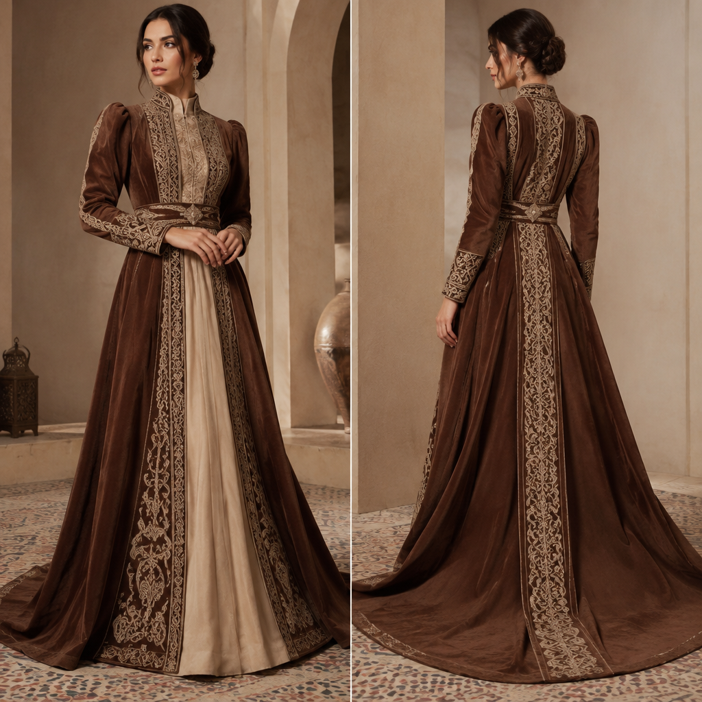 لا العصر الفكتوري لون قهوي واباج. Algeria fashion aesthetics. Present it as professional fashion catalogue photography: the garment is the subject, shown full-length with editorial styling, neutral posing and tasteful, non-suggestive framing.
photorealistic fashion design, لا العصر الفكتوري لون قهوي واباج. Algeria fashion aesthetics. Present it as professional fashion catalogue photography: the garment is the subject, shown full-length with editorial styling, neutral posing and tasteful, non-suggestive framing., just the design no text