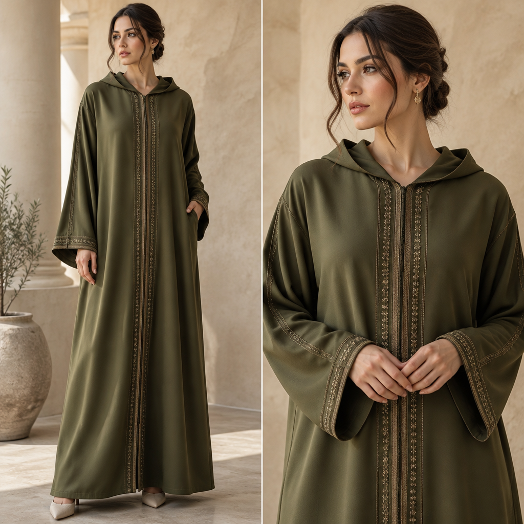 A Female Djellaba design, with modest, full coverage: longer hemlines, higher necklines and covered shoulders, suitable for Fall, in Quiet Luxury style. Algeria fashion aesthetics. Present it as professional fashion catalogue photography: the garment is the subject, shown full-length with editorial styling, neutral posing and tasteful, non-suggestive framing.
photorealistic fashion design, A Female Djellaba design, with modest, full coverage: longer hemlines, higher necklines and covered shoulders, suitable for Fall, in Quiet Luxury style. Algeria fashion aesthetics. Present it as professional fashion catalogue photography: the garment is the subject, shown full-length with editorial styling, neutral posing and tasteful, non-suggestive framing., quiet_luxury style, just the design no text