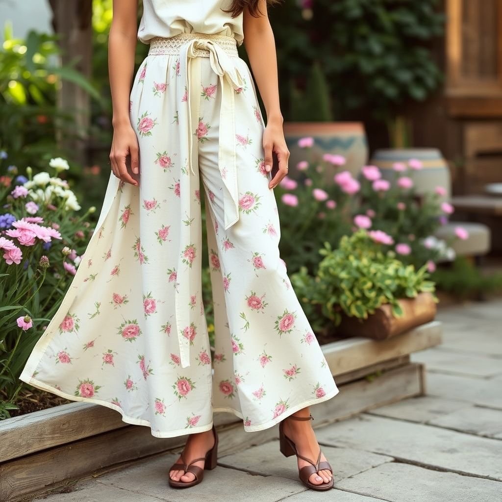 Padelefon summer Pants removal self tie lace belt cotton light
Design a pair of vintage-inspired summer pants featuring a high-waisted, wide-leg silhouette reminiscent of 1970s bohemian chic. Integrate a delicate cotton fabric adorned with pastel floral prints. Enhance with a self-tie lace belt, perfect for cinching the waist, evoking a nostalgic vibe ideal for garden parties and sunlit strolls.