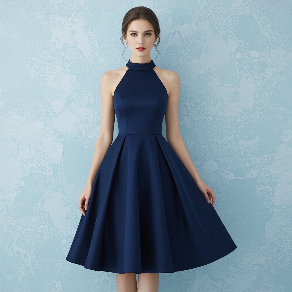 Create a dress with an halt neck and a spacing bun the middle of the dress
Elegant fashion: Elegant dress, silk, high neck, fitted bodice, A-line skirt, knee-length, with small spacing detail in the middle.