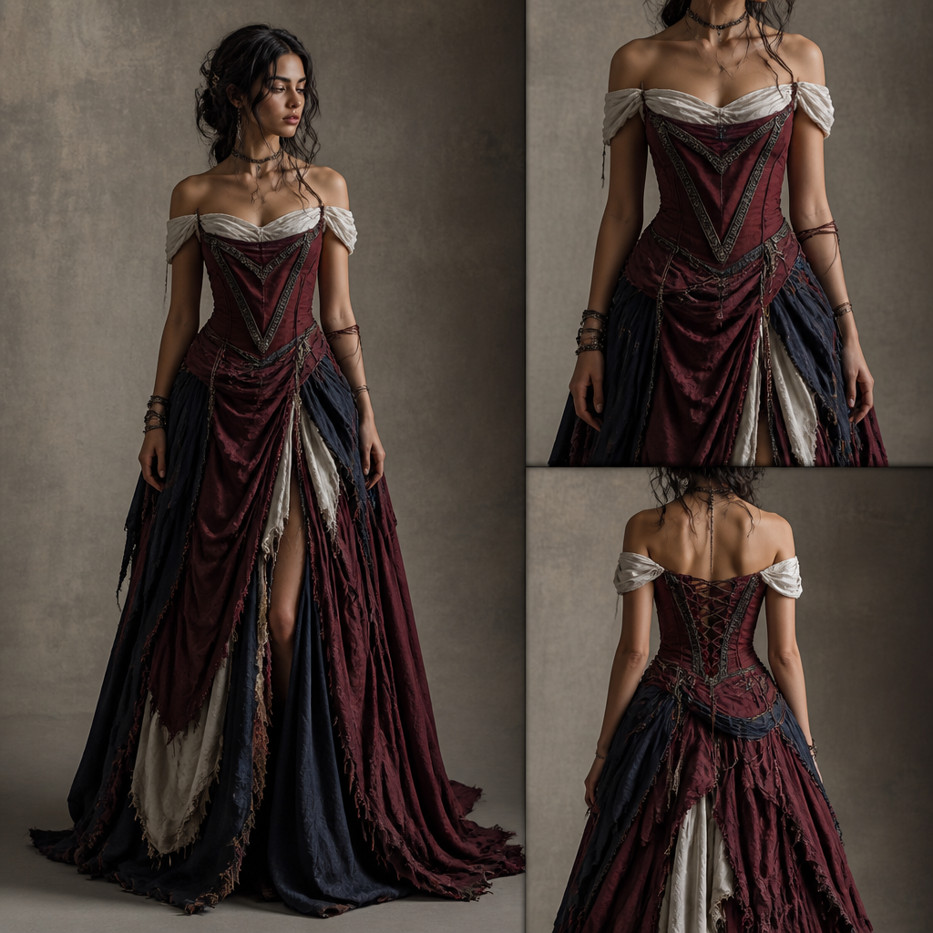 I want a dress in the style of clothes worn in ancient times, both vintage and not too flashy, that is, not like a prom dress. Have a draped skirt. There may be two small rips. The colour of the dress will be predominantly wine red. Other colours I want to use; midnight blue, black, white. Let it be an inverted triangle-shaped finish at the top, starting just below the chest and towards the groin at the waist. The dress should not be long sleeves. But the skirt can be so long that it does not crawl on the ground, like a lot of tails. Let it be an elegant dress that the person wearing the dress can be comfortable with. There is no problem in resembling the light peasant girl dress, but at the same time, let the person wearing the dress look like a princess. The skirt part can be layer by layer, there is no problem with that. And I also want it to be neither overly dominant nor overly light, so it has a punk look right in the centre
photorealistic fashion design, I want a dress in the style of clothes worn in ancient times, both vintage and not too flashy, that is, not like a prom dress. Have a draped skirt. There may be two small rips. The colour of the dress will be predominantly wine red. Other colours I want to use; midnight blue, black, white. Let it be an inverted triangle-shaped finish at the top, starting just below the chest and towards the groin at the waist. The dress should not be long sleeves. But the skirt can be so long that it does not crawl on the ground, like a lot of tails. Let it be an elegant dress that the person wearing the dress can be comfortable with. There is no problem in resembling the light peasant girl dress, but at the same time, let the person wearing the dress look like a princess. The skirt part can be layer by layer, there is no problem with that. And I also want it to be neither overly dominant nor overly light, so it has a punk look right in the centre, cottagecore style, just the design no text