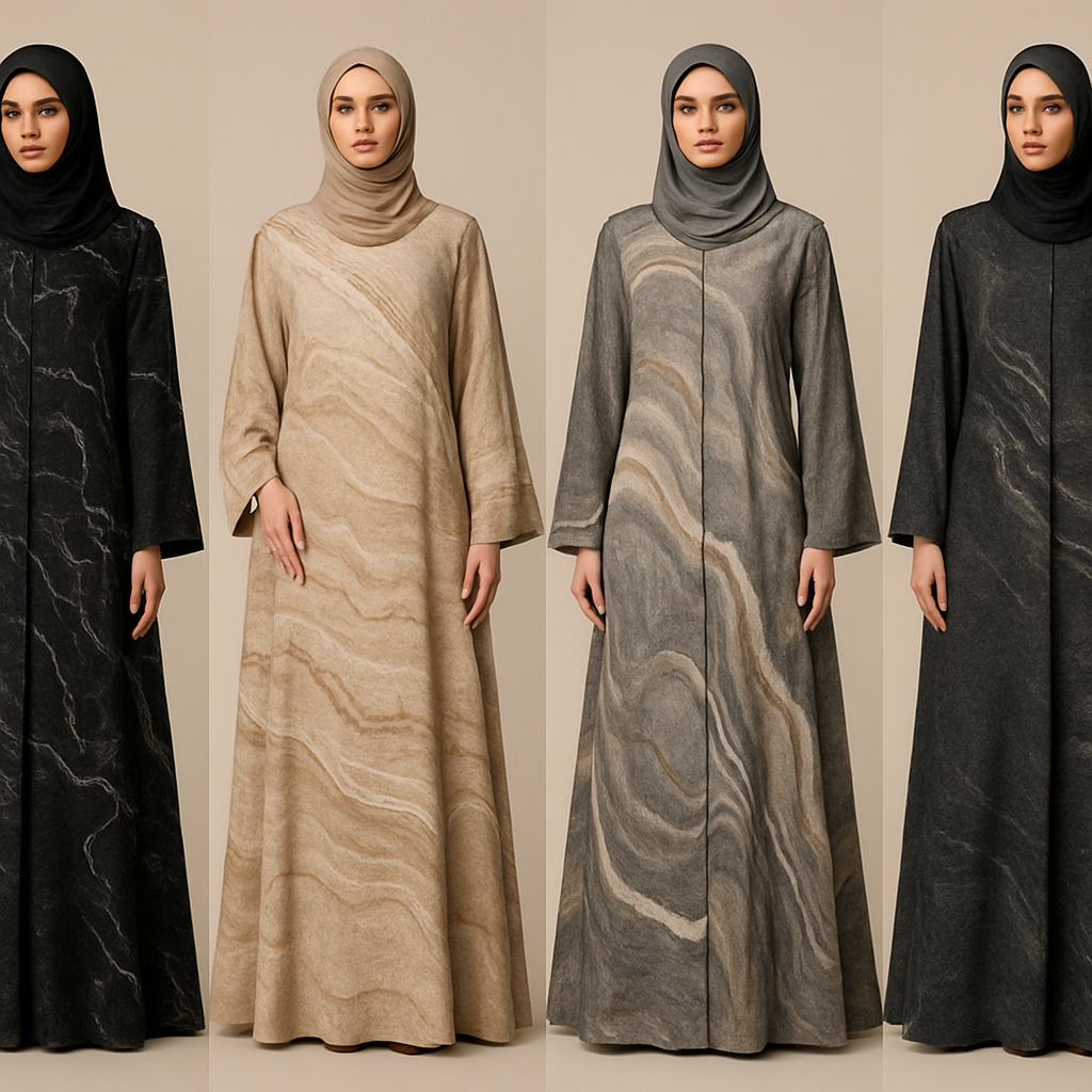 Create a modest abaya that's the first of its kind, featuring a unique stone design that exudes a classy and sophisticated vibe. I'd like four designs, each showcasing different styles and fabrics.
Incorporate high-end, unique chic stone designs to make them truly special.

Create a modest abaya that's the first of its kind, featuring a unique stone design that exudes a classy and sophisticated vibe. I'd like four designs, each showcasing different styles and fabrics.
Incorporate high-end, unique chic stone designs to make them truly special.