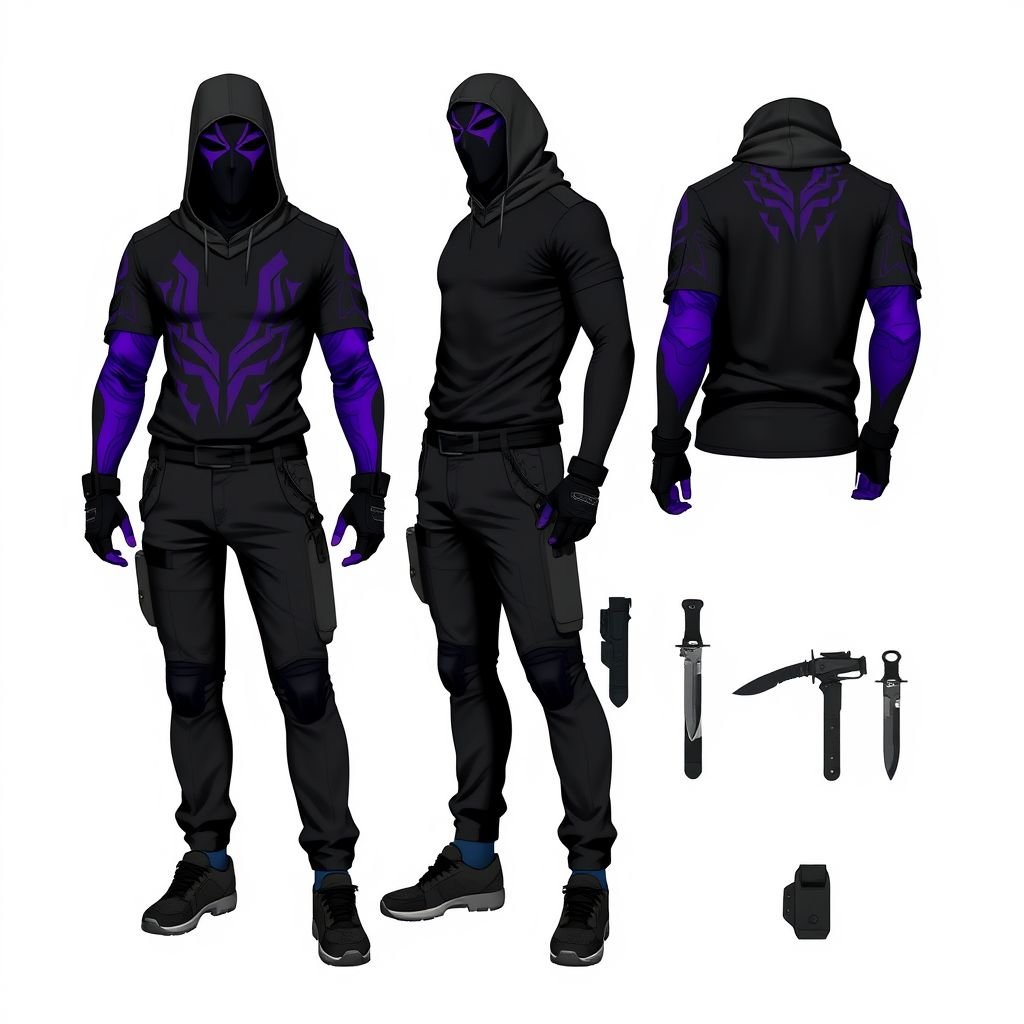 Tactical suit. Black balaclava with purple motifs. T shirt with black chest and purple sleeves. Black long trousers. Black gloves with purple palms. Sport shoes. Knife cases on the arms
Design a tactical military-inspired suit featuring a sleek black balaclava adorned with bold purple motifs, exuding an air of stealth. The fitted t-shirt showcases a striking black body with vibrant purple sleeves, paired with sharply tailored black trousers. Black gloves display striking purple palms, while the ensemble is completed with sport shoes and functional knife cases artfully integrated on the arms. This design marries utility and contemporary military aesthetics effortlessly.