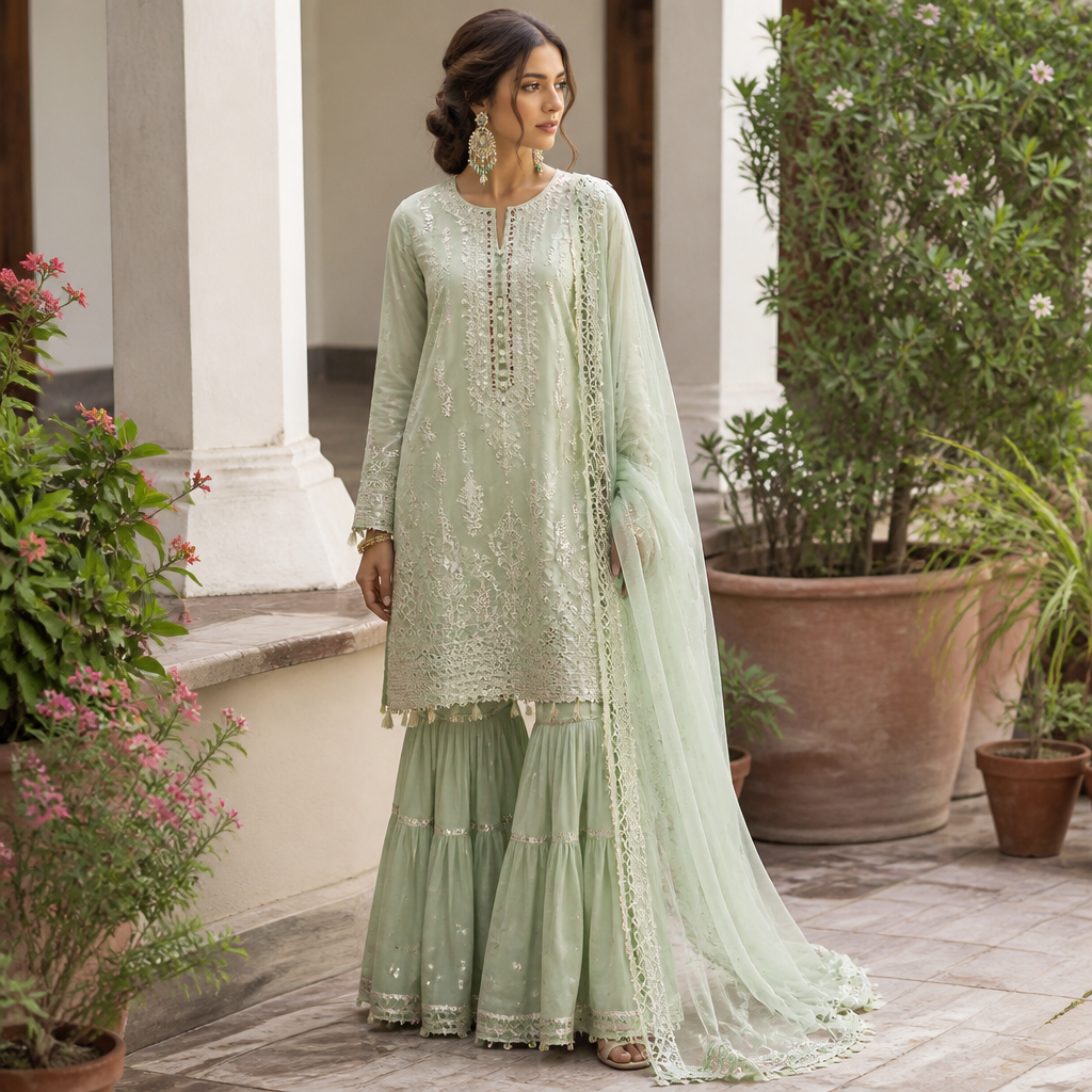 A Female Dress design, suitable for Summer. Consider Pakistani fashion — shalwar kameez, gharara, sharara; lawn fabrics, chiffon; intricate embroidery and mirror work. Current season is Summer in Pakistan.
photorealistic fashion design, A Female Dress design, suitable for Summer. Consider Pakistani fashion — shalwar kameez, gharara, sharara; lawn fabrics, chiffon; intricate embroidery and mirror work. Current season is Summer in Pakistan., just the design no text