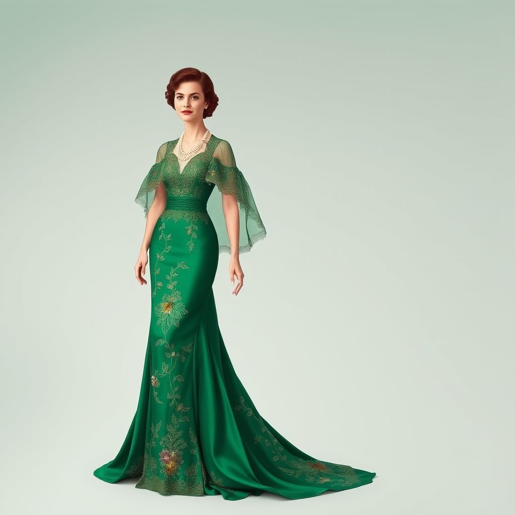 Silk gown green
Design an exquisite vintage silk gown in a rich emerald green, featuring a cinched waist with delicate lace detailing. The gown flows elegantly to the floor, adorned with intricate floral embroidery reminiscent of the 1920s. Add a fluttering cape and a statement pearl necklace for an enchanting, timeless look.