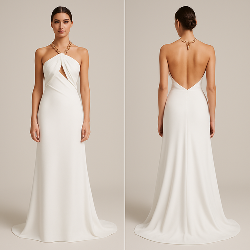 A gold chain ties behind the neck, it’s a white fabric that covers the front in a cross cross pattern showing off the back and waist before flowing down into a train like skirt part of a dress