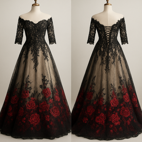Lace Black A-line off-the-shoulder 1/3 lace sleeves wedding dress with champagne underlining. Corset back, with embroidered sequin beading on the top. The bottom fades into red with embroidered red sequined roses.
