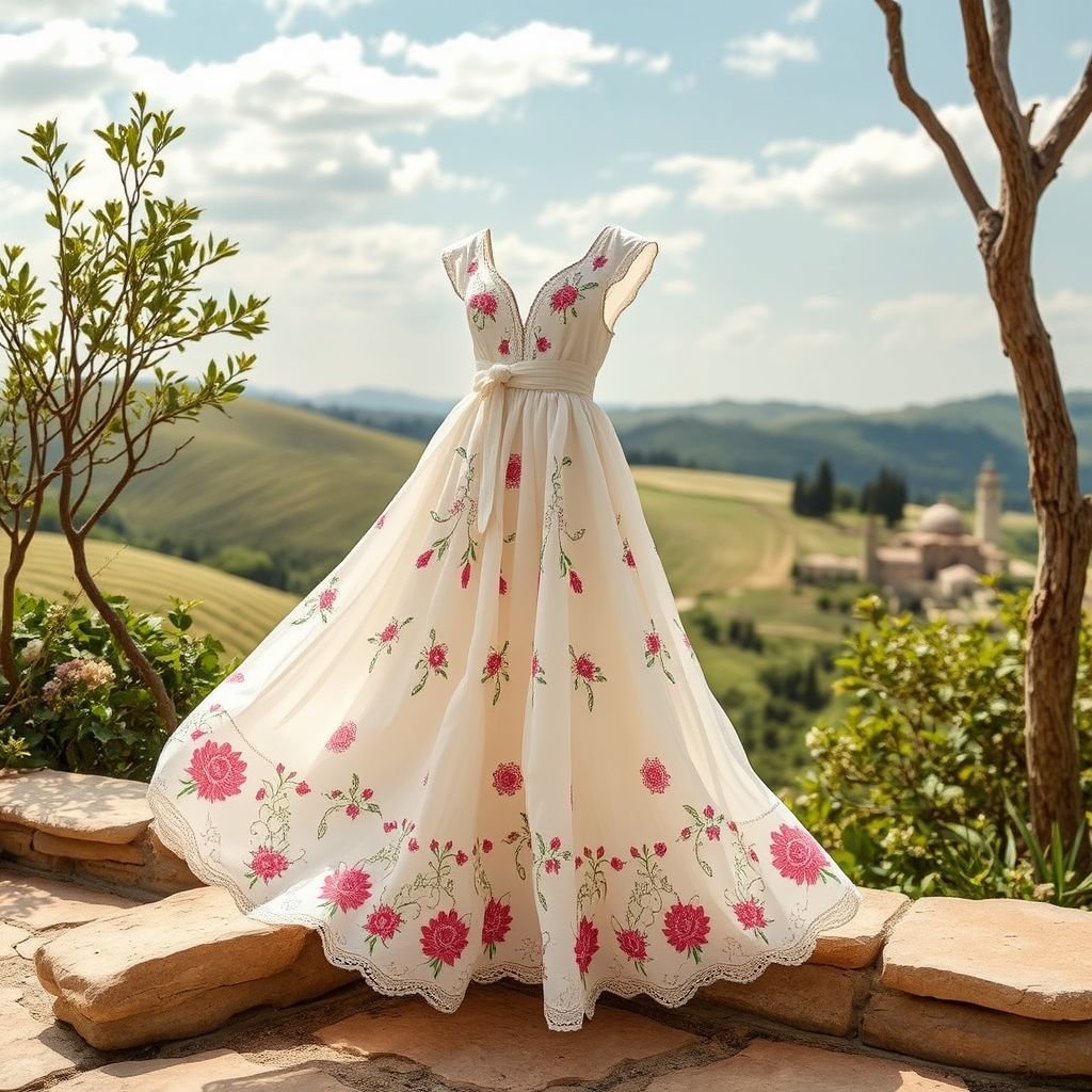 Summer dress simple for resort wear Zimmerman
Design a luxurious Italian-inspired summer dress for resort wear, featuring delicate embroidery reminiscent of Tuscany’s rolling hills. Incorporate flowing, lightweight fabrics that drape elegantly, and use a pastel color palette with floral motifs. Envision a cinched waist with a billowing skirt, complemented by artisanal hand-stitched details, embodying effortless Italian elegance.