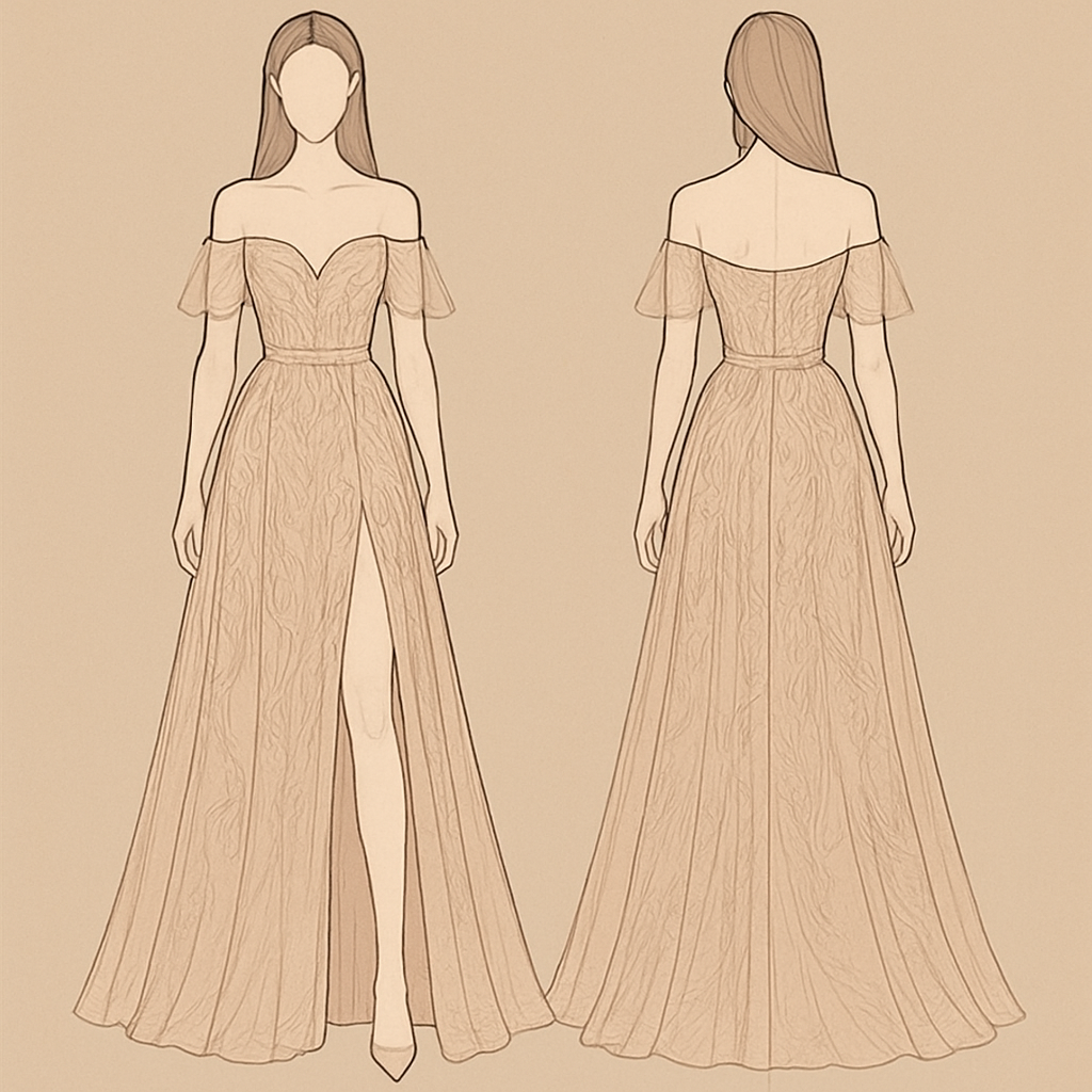 I want line embroidered dress, loose one sheer layer, color blushed Champaign & make it off shoulder with tiny waist. add open leg. & make the chest V medium length cut.
I want line embroidered dress, loose one sheer layer, color blushed Champaign & make it off shoulder with tiny waist. add open leg. & make the chest V medium length cut. , show front and back