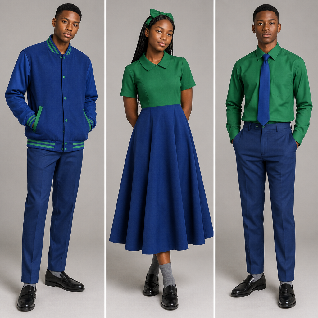BLUE and GREEN
Design a blue baseball jacket with green accents and blue arms for both male and female. Use black teenagers as models.
A fit flare dress top half green and bottom half blue, covering chest area completely, almost reaching ankles, a green barrett and grey socks for the female.
A blue relaxed trouser, reaching ankles, a green shirt, blue tie and grey socks for the male.
Nice school shoes for both. South Africa fashion aesthetics. Present it as professional fashion catalogue photography: the garment is the subject, shown full-length with editorial styling, neutral posing and tasteful, non-suggestive framing.
photorealistic fashion design, BLUE and GREEN
Design a blue baseball jacket with green accents and blue arms for both male and female. Use black teenagers as models.
A fit flare dress top half green and bottom half blue, covering chest area completely, almost reaching ankles, a green barrett and grey socks for the female.
A blue relaxed trouser, reaching ankles, a green shirt, blue tie and grey socks for the male.
Nice school shoes for both. South Africa fashion aesthetics. Present it as professional fashion catalogue photography: the garment is the subject, shown full-length with editorial styling, neutral posing and tasteful, non-suggestive framing., just the design no text