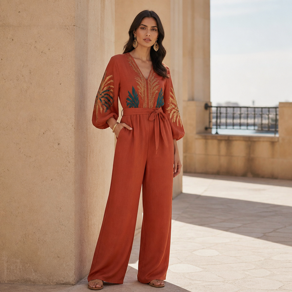A Jumpsuit design, suitable for Fall. Consider Egyptian fashion — flowing silhouettes, vibrant colors, cotton and linen traditions, modest yet elegant. Current season is Autumn in Egypt. Present it as professional fashion catalogue photography: the garment is the subject, shown full-length with editorial styling, neutral posing and tasteful, non-suggestive framing.
photorealistic fashion design, A Jumpsuit design, suitable for Fall. Consider Egyptian fashion — flowing silhouettes, vibrant colors, cotton and linen traditions, modest yet elegant. Current season is Autumn in Egypt. Present it as professional fashion catalogue photography: the garment is the subject, shown full-length with editorial styling, neutral posing and tasteful, non-suggestive framing., just the design no text