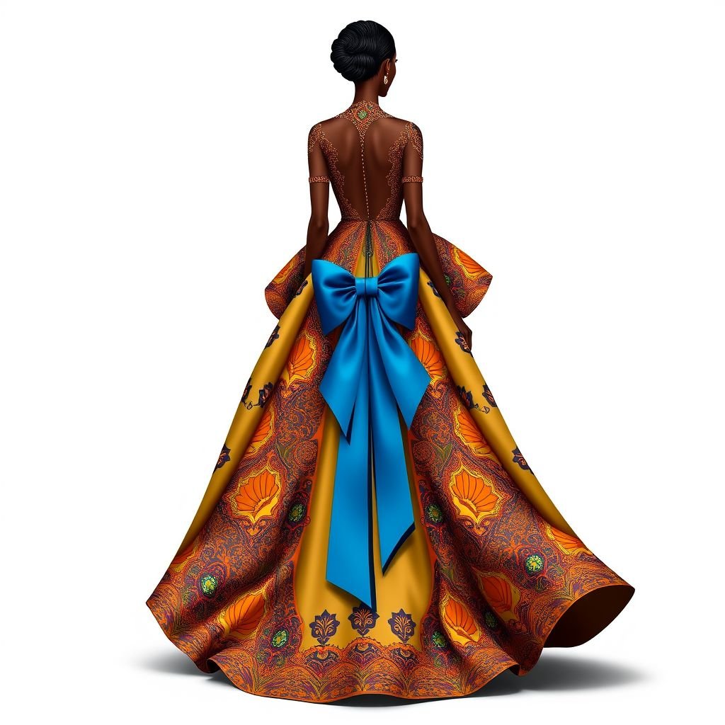 Congolese incorporated dress with a blue bow
Design an elegant Congolese-inspired dress that flows gracefully to the floor, adorned with intricate beadwork and vibrant patterns. Highlight a voluminous silhouette that cinches at the waist, complemented by a striking azure bow at the back. The overall look exudes sophistication, merging traditional artistry with contemporary elegance for a stunning effect.