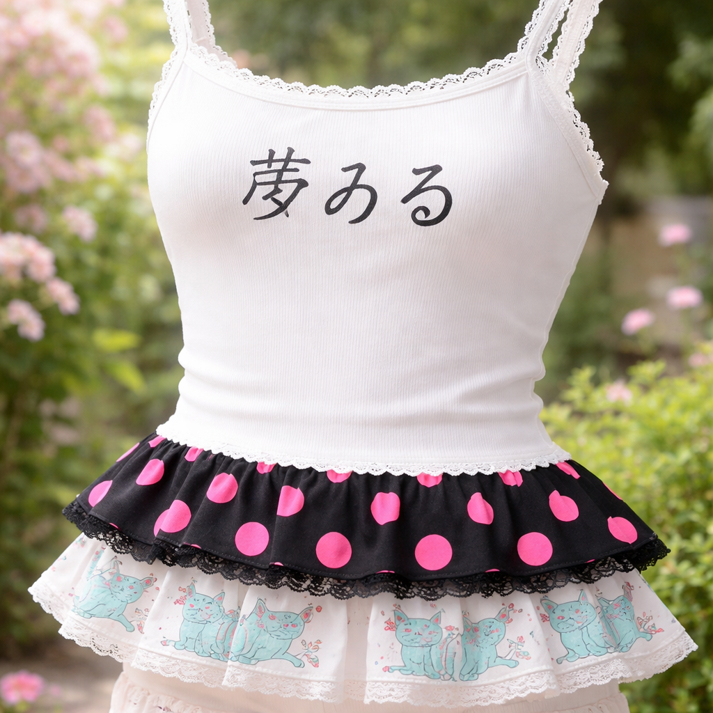cute white cotton feminine tank top. put random asian letters in black lettering in a few random places on the shirt. make 2 additional layers at the bottom. one layer is black with big hot pink polka dots. the next layer is line drawings of cute bright aqua cats with red stripes.
Fairycore fashion design: Cute, fitted white cotton tank top with black Asian characters softly printed. The hem features two layered ruffles: one black with big hot pink polka dots, and underneath, a layer with line drawings of cute bright aqua cats with red stripes.