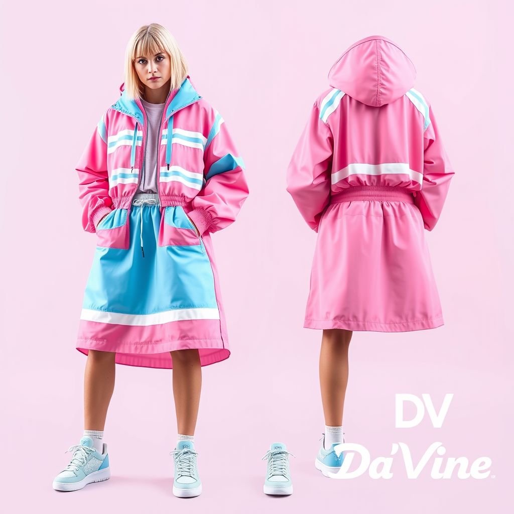 Streetrush women’s Street Sporty Academy Style, Street Hip-Hop Oversized midi skirt. These baby pink And baby blue cotton candy Color-Block Design, windbreaker material skirt. Feature Multiple Stripes, white and baby pink Paneling Design, And Front And Back Pattern Designs, Along With A Creative Double Waistband. They Are Suitable For All-Season Wear, Embody Street Rock Aesthetics, And Are Perfect For Music Festivals And Everyday Outfits. This Style Reflects Y2K Streetwear , Women’s Two-Tone Outdoor Sports , Chicago Jersey , Streetwear , Streetwear skirt. Put “DV” somewhere on it. Create me a logo for my brand “Da’Vine” and put it up there also
Design an eye-catching women's streetwear look featuring a sporty oversized midi skirt in a vibrant cotton candy palette of baby pink and baby blue. This windbreaker-inspired piece showcases multiple stripes and edgy white paneling, complete with unique front and back patterns. It features a creative double waistband, embodying Y2K street aesthetics. Ideal for music festivals or everyday style, infuse "DV" subtly into the design. Add a stylish logo for "Da’Vine" that complements the vibrant visuals, emphasizing chic urban vibes and versatility.