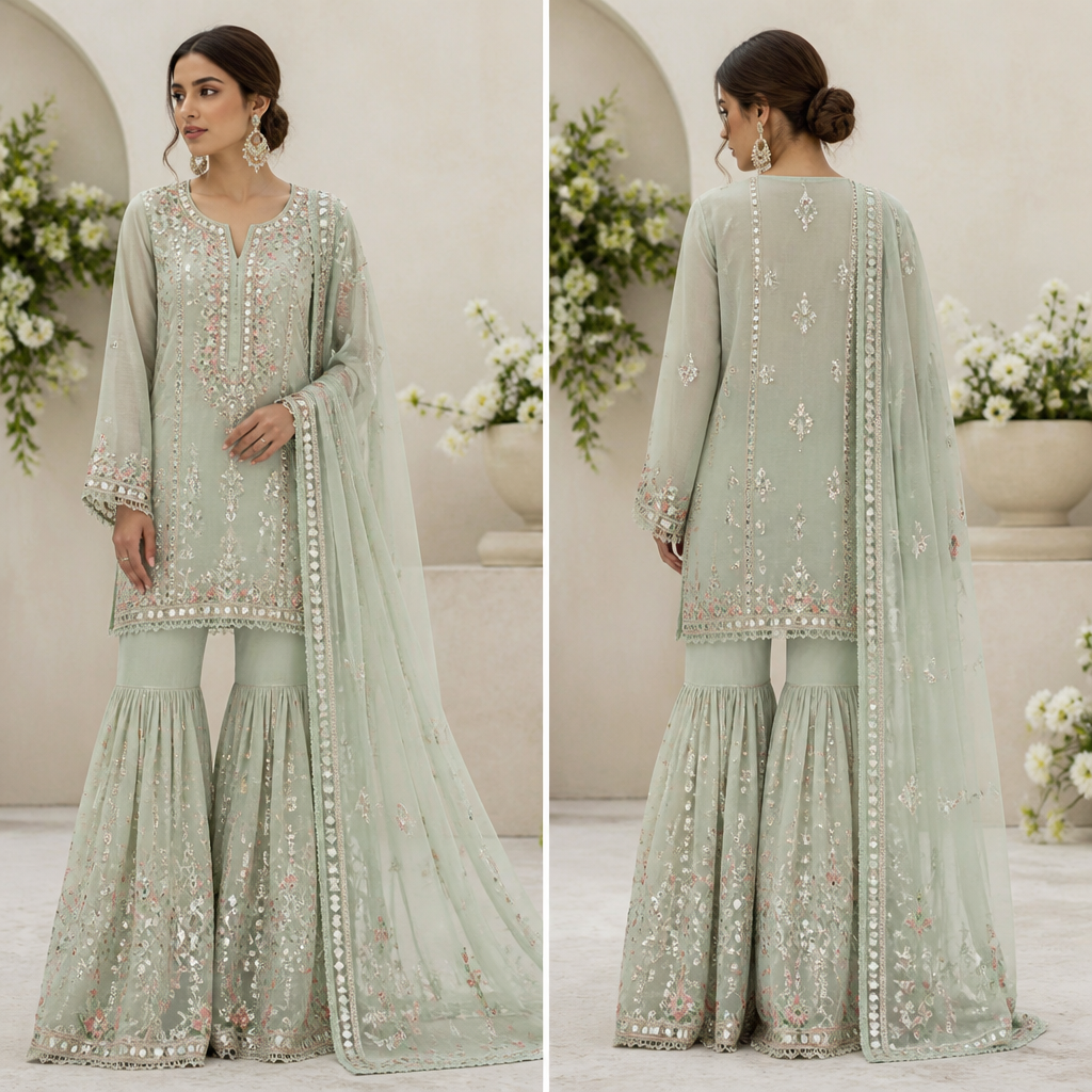 A Female Dress design, suitable for Summer. Consider Pakistani fashion — shalwar kameez, gharara, sharara; lawn fabrics, chiffon; intricate embroidery and mirror work. Current season is Summer in Pakistan.
photorealistic fashion design, A Female Dress design, suitable for Summer. Consider Pakistani fashion — shalwar kameez, gharara, sharara; lawn fabrics, chiffon; intricate embroidery and mirror work. Current season is Summer in Pakistan., just the design no text, show front and back