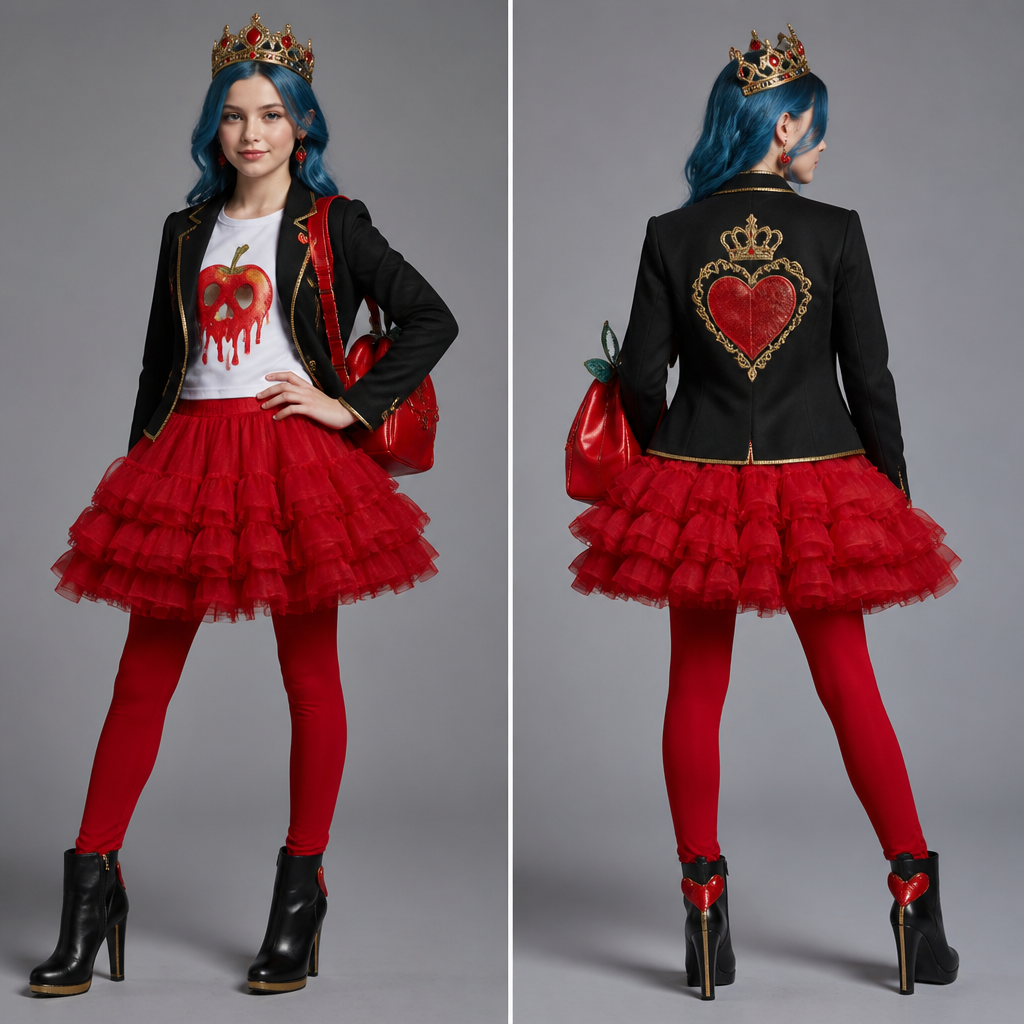 A 12 year old girl pailish skin animated not. A real person
school look. with blue hair a white crop top that says fairest in dripping letters on the front and a red puffy skirt with red leggings and heel boots and a posin apple backpack apple earrings and a blazer with a heart with a crown on the back and a crown on her head
photorealistic fashion design, A 12 year old girl pailish skin animated not. A real person
school look. with blue hair a white crop top that says fairest in dripping letters on the front and a red puffy skirt with red leggings and heel boots and a posin apple backpack apple earrings and a blazer with a heart with a crown on the back and a crown on her head , just the design no text, show front and back