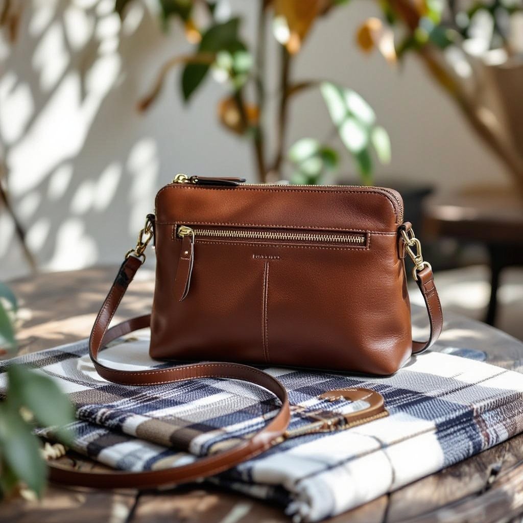 Medium size purse with pocketson outside and inside
Medium-sized, brown leather purse with a structured silhouette, featuring a front slip pocket, and a zipper pocket and two slip pockets in the interior.