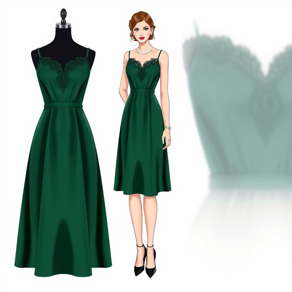 A Forrest green silk dress with straps at the top and flows to just above the knees
Design a classic forest green silk dress featuring delicate spaghetti straps and a timeless A-line silhouette that gracefully flows to just above the knees. Integrate vintage-inspired lace detailing around the neckline and a cinched waist to enhance an hourglass figure. Pair with elegant pearl accessories and sophisticated pumps for a refined look.