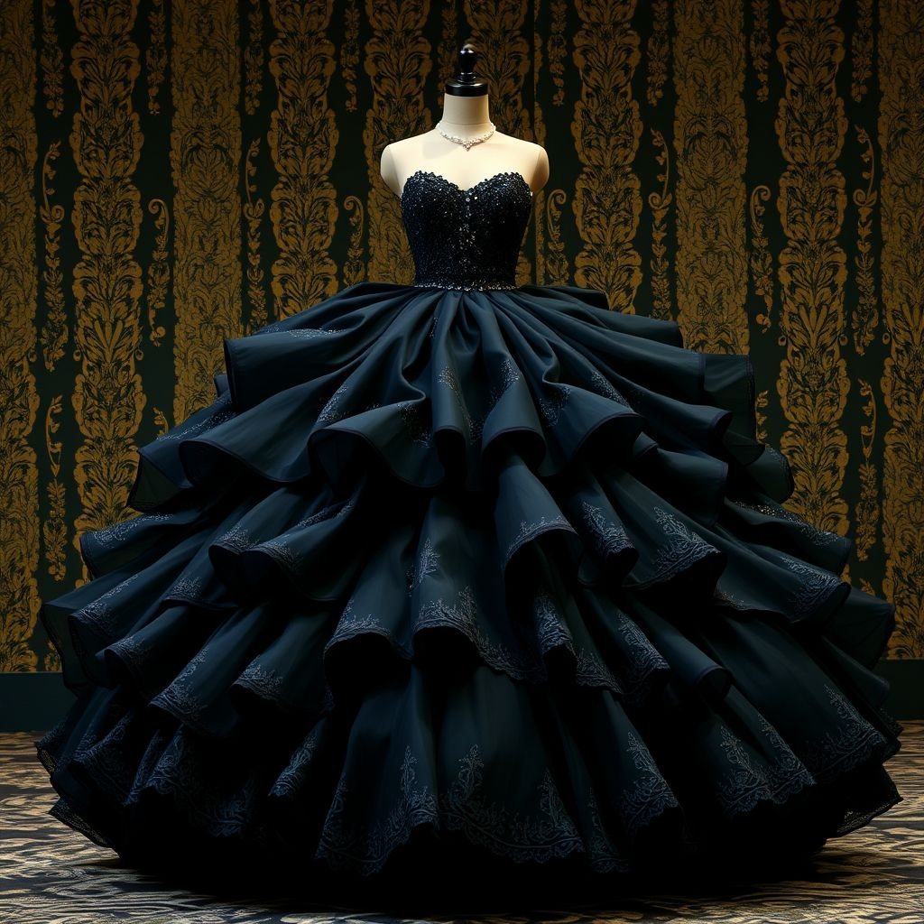 i want a really elegant dress that’s black and really puffy and long with no sleeves that shows the collarbone and i want it to be something that’s worn in the 20s in a ball
Design an opulent, floor-length black ball gown inspired by the 1920s, featuring voluminous layers that create a luxurious, puffy silhouette. The strapless design elegantly showcases the collarbone, accentuated by delicate lace detailing along the edges. Adorn with subtle vintage beading to evoke timeless sophistication, embodying the essence of elegant glamour.