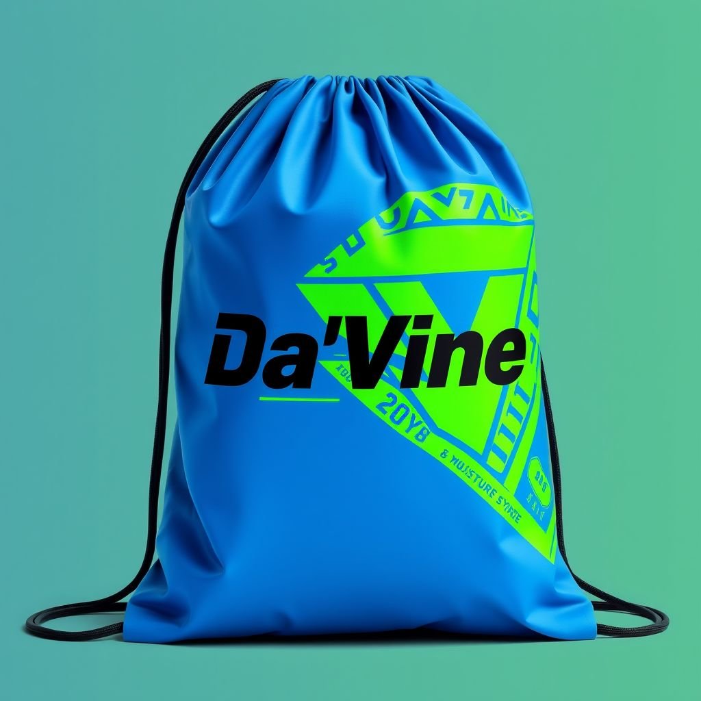 A drawstring bag with the name “Da’Vine” on it. With DV on it
Design a sleek, modern drawstring bag perfect for workouts, featuring the name “Da’Vine” in bold, dynamic typography. Incorporate the initials “DV” artistically integrated into a vibrant geometric pattern, using moisture-wicking, durable fabric in a high-energy color palette of electric blue and neon green. Ideal for gym-goers and fitness enthusiasts.