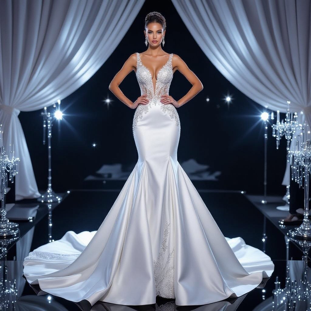 Huge closing shiny white Wedding dress
Glamorous fashion: Huge lustrous white satin wedding dress, mermaid silhouette, dramatic train, embellished with sparkling crystals.