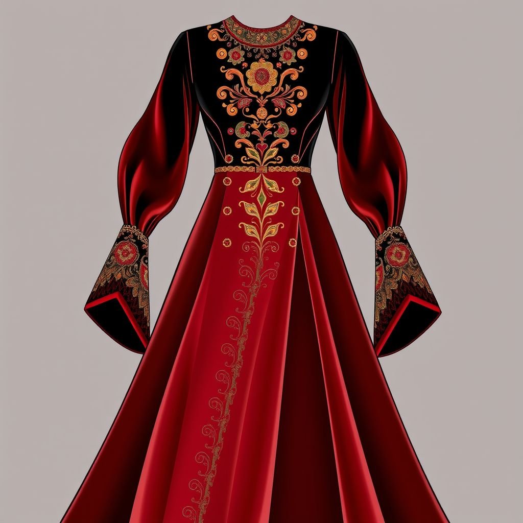Long dress with traditional touch plus a stylish touch
Design an opulent long velvet dress that marries traditional elegance with contemporary flair. The bodice features intricate embroidery, reminiscent of cultural motifs, while flowing sleeves elegantly cascade to the floor. A daring, high slit adds a modern twist, showcasing luxurious velvet in rich jewel tones. Perfect for a gala or special event!