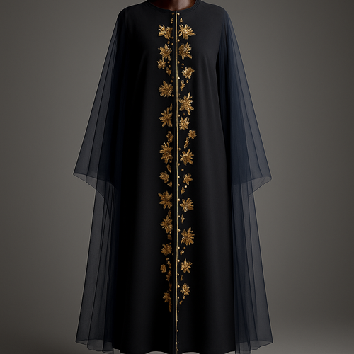 
Prompt (detailed, English):
"Photorealistic fashion render of an ankle‑length solid black crepe abaya with an attached light‑navy tulle cape. Placement: a single straight vertical line of Pakistani floral embroidery in warm metallic gold (#d4af37) runs from the center of the neckline opening down to the ankle; individual flower motifs vary in rotation and spacing for an organic/random look but strictly follow the central vertical axis. Density: light-to-medium — motifs spaced to feel airy yet continuous. Embroidery scale: medium (3–6 cm motifs) with subtle metallic sheen and tiny bead highlights; small ivory pearls intermittently sewn along the front opening edges (simple, elegant spacing). Cape: sheer light navy tulle attached at shoulders, slightly transparent so the black base shows through, falls to ankles. Mannequin: polished dark mahogany wooden mannequin visible to the ankles with elegant round base. Lighting & presentation: studio soft top‑down key with gentle rim light, neutral dark‑to‑mid gray gradient background, soft floor shadow. Shots: full‑length front (portrait 2:3) showing neckline to ankles, 3/4 view, and close‑ups of embroidery and pearl detail. Mood: refined high‑end fashion catalog photorealism, crisp textures, shallow DOF on closeups."

Short prompt (compact):
"Black ankle‑length crepe abaya + light‑navy tulle cape; central vertical Pakistani gold floral embroidery from neckline opening to ankle, light‑to‑medium density; gold front trim with small ivory pearls; polished mahogany mannequin; studio photorealistic fashion render."