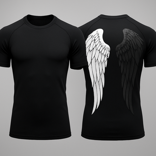 Black base compression fit short sleeve rash guard with angel wings in the back 

Make one wing white and the other black but lighter shade of black compared to the base color 