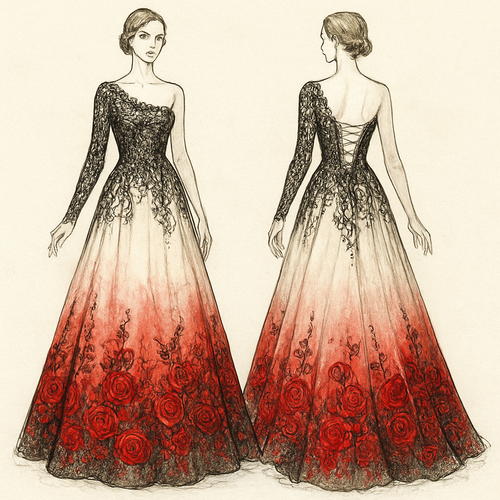 Lace Black A-line one sleeve shoulder wedding dress with ivory underlining. Corset back, with embroidered sequin beading on the top. The bottom fades into red with embroidered red sequined roses.
