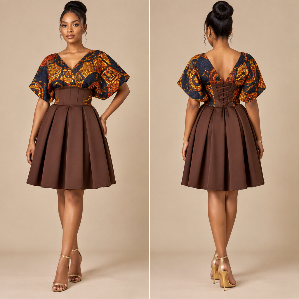 A Female Dress design, made of Cotton. The model should be a teenager with hair up. I need an Ankara style asymetric top,(something like a dollman top) short sleeves, cinched at the waist with a corset at the back on a simple knee length pleated skirt.. Nigeria fashion aesthetics. Present it as professional fashion catalogue photography: the garment is the subject, shown full-length with editorial styling, neutral posing and tasteful, non-suggestive framing.
photorealistic fashion design, A Female Dress design, made of Cotton. The model should be a teenager with hair up. I need an Ankara style asymetric top,(something like a dollman top) short sleeves, cinched at the waist with a corset at the back on a simple knee length pleated skirt.. Nigeria fashion aesthetics. Present it as professional fashion catalogue photography: the garment is the subject, shown full-length with editorial styling, neutral posing and tasteful, non-suggestive framing., just the design no text, show front and back