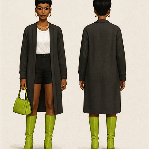 Black woman 
Pixie cut 
Long cardigan closed 
White blouse 
Black shorts 
Gold jewelry 
Lime high boots 
Lime purse 

