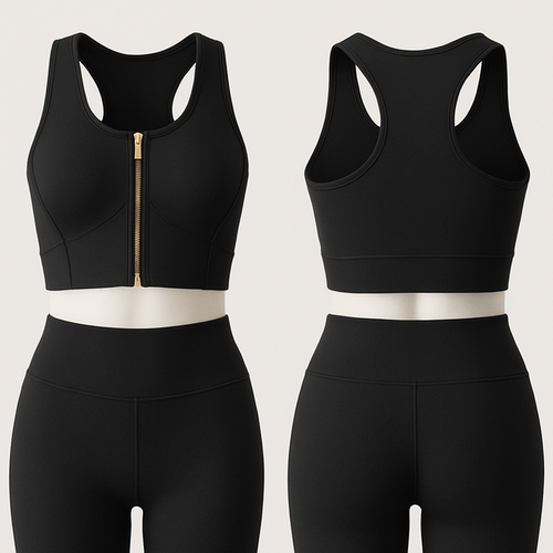 Gym wear with gold zip at the front some lines at the front between the boobs area both sides