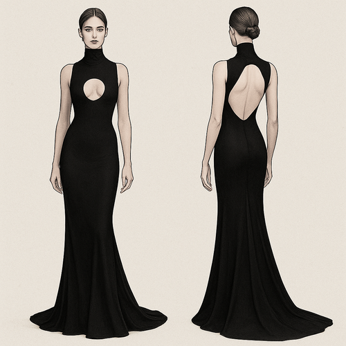 A sleeveless and backless turtleneck dress, with a boob window and a train 
