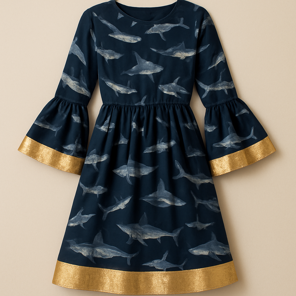 Create a dress in shark print with gold foil thick border at the hem and sleeves, sleeves are full length with bell pattern. The dress in gathered at the waist.
Create a dress in shark print with gold foil thick border at the hem and sleeves, sleeves are full length with bell pattern. The dress in gathered at the waist.