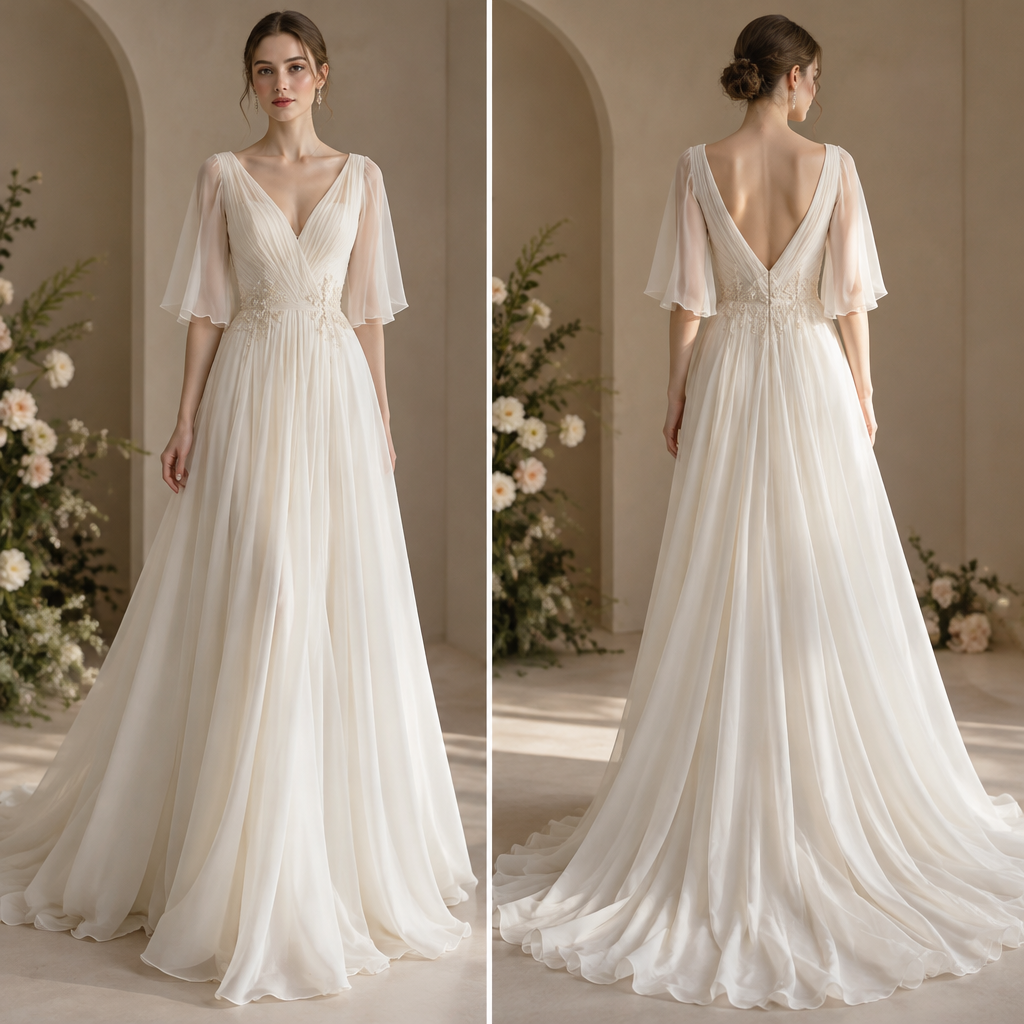 photorealistic fashion design, made of Chiffon, for Wedding, suitable for Summer, in Elegant + Glamorous + Minimalist style, elegant style, just the design no text, show front and back. Refinement: create a soft sleeve to the elbow
photorealistic fashion design, photorealistic fashion design, made of Chiffon, for Wedding, suitable for Summer, in Elegant + Glamorous + Minimalist style, elegant style, just the design no text, show front and back. Refinement: create a soft sleeve to the elbow, just the design no text