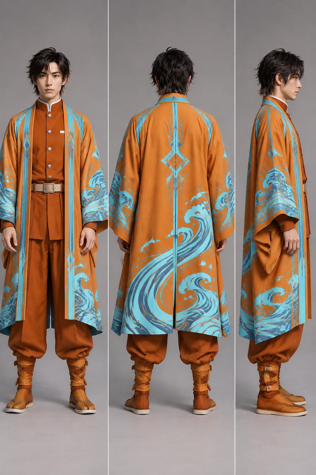 Create a highly realistic original anime-inspired Demon Slayer-style cosplay outfit. The outfit must NOT look like a full traditional kimono.
OUTER CAPE / HAORI IS THE MOST IMPORTANT PART: Create a distinctive long haori-style cape worn OPEN over the clothing underneath. It should sit naturally on the shoulders and hang down behind the body, similar to a Japanese haori worn by a Demon Slayer character. The cape should be loose, flowing and slightly oversized, reaching approximately to the knees. It must have wide sleeves or cape-like openings and a clearly visible separate front opening. It should look like a real piece of clothing, not a robe.
The cape is primarily strong vivid orange, with bright cyan/turquoise geometric and flowing patterns along the edges, shoulders and lower section. The cyan pattern should be distinctive and original, inspired by flowing water and sharp geometric shapes. Use very little black.
UNDER THE CAPE: Wear a separate fitted dark-orange or muted-orange Japanese-inspired uniform jacket with a simple upright collar and visible buttons. Add matching loose trousers. The underneath clothing must be clearly separate from the cape.
SILHOUETTE: The most recognizable feature should be the large flowing orange-and-cyan cape/haori. When the person is standing still, the cape should hang naturally behind and around the body. When moving, it should visibly flow.
REALISM: Photorealistic real-world clothing, premium cotton and woven fabric, realistic stitching, seams, hems, folds and fabric weight. No shiny polyester, no plastic appearance, no armor.
COLOR: Orange and cyan/turquoise are the dominant colors. Almost no black. Do not introduce purple, green, yellow or blue.
IMPORTANT: Do not make a full-length kimono. Do not make the entire outfit one continuous robe. The cape/haori must clearly be a separate outer layer worn over a simple uniform.
Create the same outfit from front, back and side views. Keep the design identical in every view. Original character design, not an exact copy of any existing character.
Create a highly realistic original anime-inspired Demon Slayer-style cosplay outfit. The outfit must NOT look like a full traditional kimono.
OUTER CAPE / HAORI IS THE MOST IMPORTANT PART: Create a distinctive long haori-style cape worn OPEN over the clothing underneath. It should sit naturally on the shoulders and hang down behind the body, similar to a Japanese haori worn by a Demon Slayer character. The cape should be loose, flowing and slightly oversized, reaching approximately to the knees. It must have wide sleeves or cape-like openings and a clearly visible separate front opening. It should look like a real piece of clothing, not a robe.
The cape is primarily strong vivid orange, with bright cyan/turquoise geometric and flowing patterns along the edges, shoulders and lower section. The cyan pattern should be distinctive and original, inspired by flowing water and sharp geometric shapes. Use very little black.
UNDER THE CAPE: Wear a separate fitted dark-orange or muted-orange Japanese-inspired uniform jacket with a simple upright collar and visible buttons. Add matching loose trousers. The underneath clothing must be clearly separate from the cape.
SILHOUETTE: The most recognizable feature should be the large flowing orange-and-cyan cape/haori. When the person is standing still, the cape should hang naturally behind and around the body. When moving, it should visibly flow.
REALISM: Photorealistic real-world clothing, premium cotton and woven fabric, realistic stitching, seams, hems, folds and fabric weight. No shiny polyester, no plastic appearance, no armor.
COLOR: Orange and cyan/turquoise are the dominant colors. Almost no black. Do not introduce purple, green, yellow or blue.
IMPORTANT: Do not make a full-length kimono. Do not make the entire outfit one continuous robe. The cape/haori must clearly be a separate outer layer worn over a simple uniform.
Create the same outfit from front, back and side views. Keep the design identical in every view. Original character design, not an exact copy of any existing character.