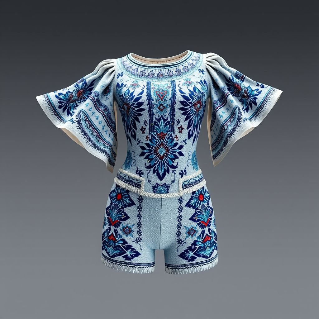 glamorous light blue and white shorts bodysuit in 3D
Design a glamorous light blue and white shorts bodysuit that intricately weaves indigenous patterns and symbols into its 3D fabric. Incorporate traditional motifs inspired by nature, using textured embroidery and beadwork. The bodysuit should celebrate heritage while blending contemporary silhouettes, featuring flowing sleeves and a striking neckline that evokes cultural elegance.