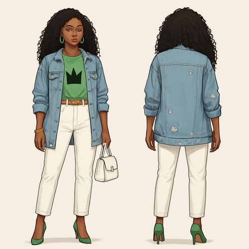 Black woman 
Green shirt with a crown on it in black 
Long ripped jean jacket white pants gold belt 
Gold bracelet 
Green earrings 
Green heels white purse 
